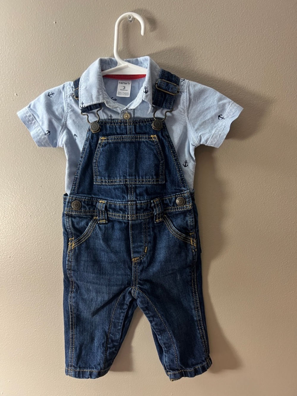 Carter's Light Blue Anchor Polo with Dark Blue Denim Overalls
